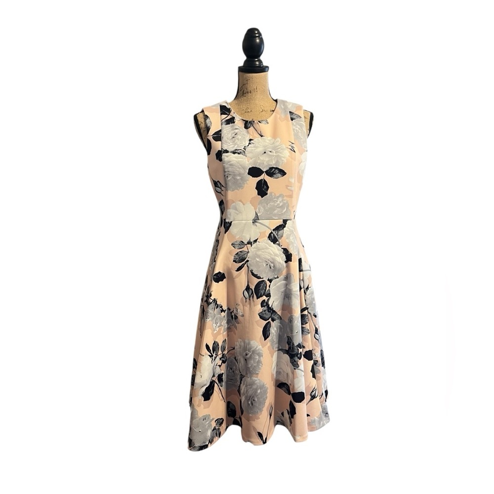 Calvin Klein Lined Peach, Gray, White and Black Midi Dress with Pockets - Picture 2 of 12